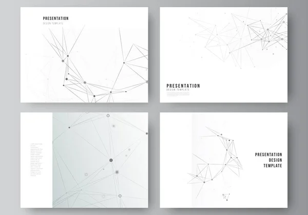 プレゼンテーションスライドのベクトルレイアウトデザインビジネステンプレート、プレゼンテーションパンフレットのテンプレート、パンフレットカバー、レポート。線と点を結ぶ灰色の技術的背景。ネットワークの概念. — ストックベクタ