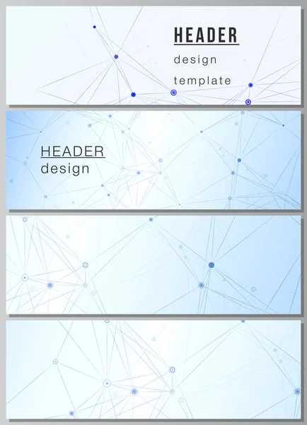 Diseño vectorial de encabezados, plantillas de banner para diseño de pie de página web, diseño de volante horizontal, fondos de encabezado del sitio web. Fondo médico azul con líneas de conexión y puntos, plexo. — Vector de stock