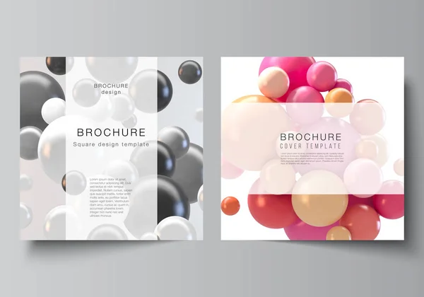 Vector lay-out van twee vierkante hoezen sjablonen voor brochure, flyer, omslag ontwerp, boek ontwerp, brochure cover. Abstract vector futuristische achtergrond met kleurrijke 3d bollen, glanzende bellen, ballen. — Stockvector