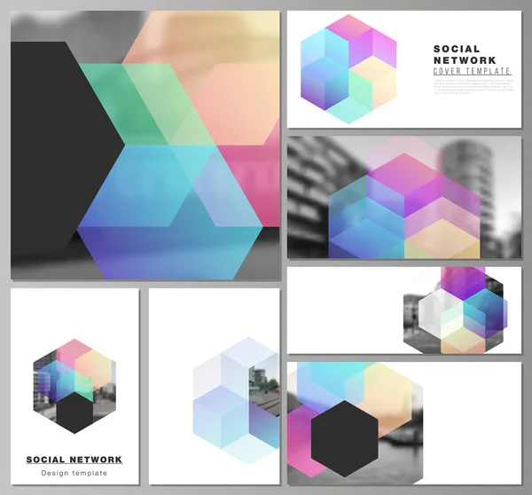 Diseños vectoriales de maquetas de redes sociales modernas en formatos populares con formas y colores abstractos para el diseño de portadas, diseño de sitios web, fondos de sitios web o maquetas publicitarias. — Archivo Imágenes Vectoriales
