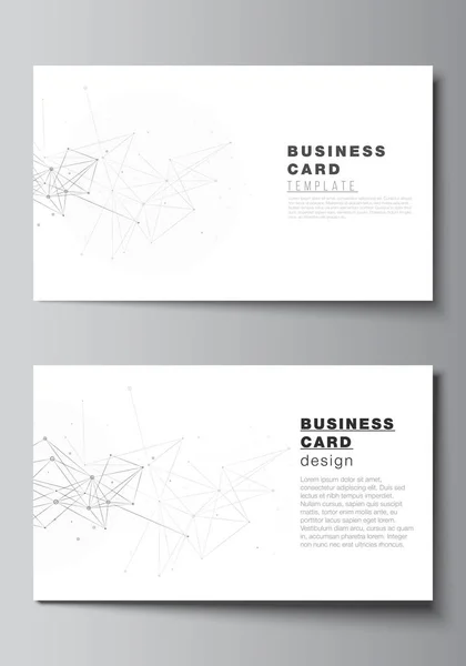 Vector layout of two creative business cards design templates, horizontal template vector design. Gray technology background with connecting lines and dots. Network concept. — Stock Vector