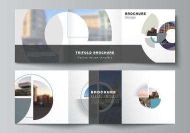 Kare tasarımı üç katlı broşür, broşür, broşür, kapak tasarımı, kitap ve broşür kapakları için tasarım şablonlarını kapsar. Soyut daire şeklinde pankartlarla donatılmış bir arka plan. Şirket iş konsepti şablonu.