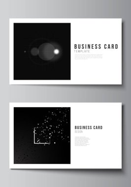 İki yaratıcı kartvizit tasarım şablonu vektör düzeni, yatay şablon tasarımı. Siyah renkli teknoloji geçmişi. Bilimin, tıbbın, teknolojinin dijital görselleştirilmesi.