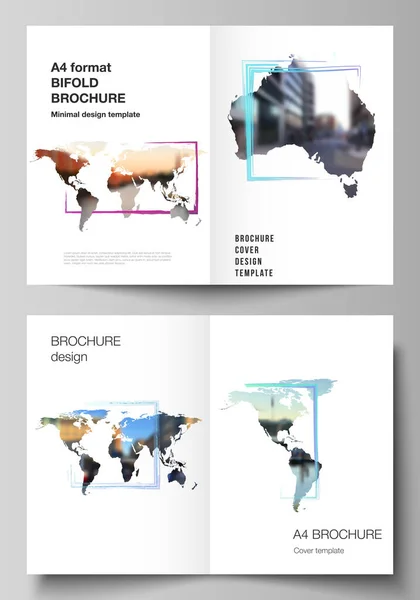 Vektorové uspořádání dvou předloh A4 pro modelovou brožuru, leták, obal, design knihy, obal brožury. Design šablony v podobě světových map a barevných rámečků, vložte svou fotografii. — Stockový vektor