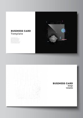 İki yaratıcı kartvizit tasarım şablonu vektör düzeni, yatay şablon tasarımı. Soyut teknoloji siyah renk bilim geçmişi. Dijital veri. Minimalist yüksek teknoloji konsepti.