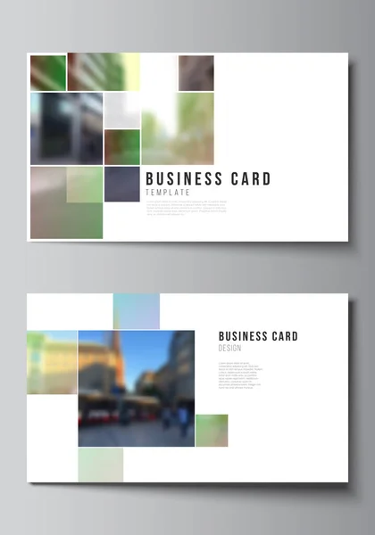 Vector layout of two creative business cards design templates, horizontal template vector design. Abstract project with clipping mask green squares for your photo. — Stock Vector