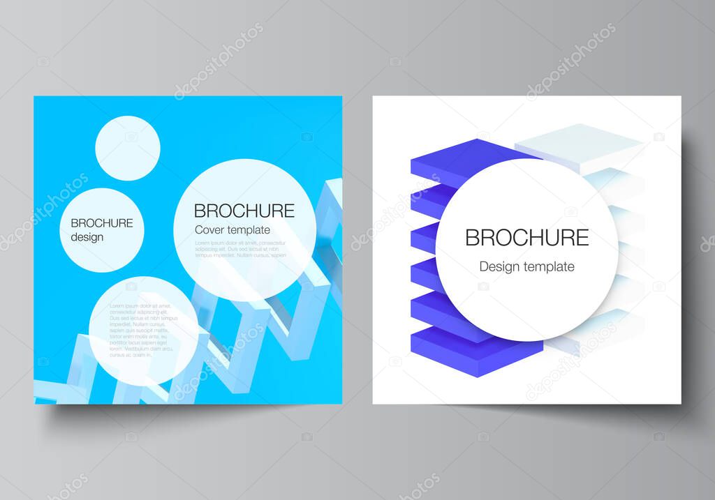 Vector layout of two square format covers templates for brochure, flyer, cover design, book design, brochure cover. 3d render vector composition with dynamic realistic geometric blue shapes in motion.