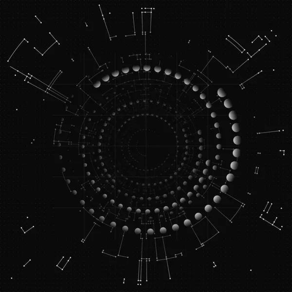 Fondo de ciencia poligonal de color negro. Visualización digital de datos con movimiento dinámico abstracto con líneas y puntos conectados, círculos. Ciencia, medicina y tecnología de diseño — Archivo Imágenes Vectoriales