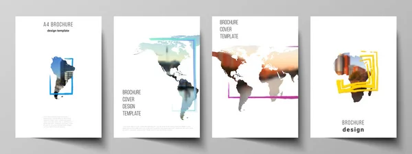 Broşür, el ilanları, kapak tasarımı, kitap tasarımı ve broşür kapağı için A4 kapak modellerinin vektör düzeni. Dünya haritaları ve renkli çerçeveler şeklinde tasarım şablonu, fotoğrafınızı ekleyin. — Stok Vektör