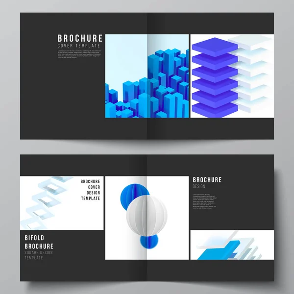 Vector layout of two covers template for square bifold brochure, flyer, magazine, cover design, book design, brochure cover. 3d render vector composition with realistic geometric blue shapes in motion — Stock Vector