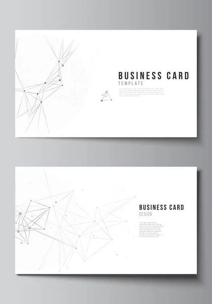 Vector layout of two creative business cards design templates, horizontal template vector design. Gray technology background with connecting lines and dots. Network concept. — Stock Vector