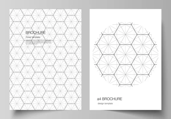 Vector layout of A4 format cover mockups design templates for brochure, flyer. Digital technology and big data concept with hexagons, connecting dots and lines, polygonal science medical background. — Stock Vector