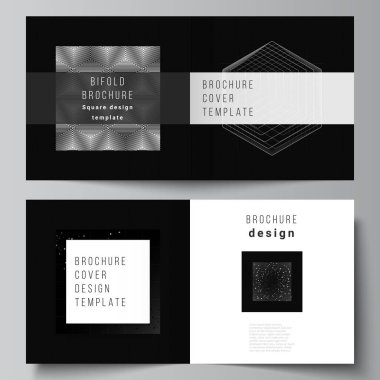 Kare tasarım broşür, broşür, broşür, kapak tasarımı, kitap tasarımı için iki kapak şablonunun vektör düzeni. Siyah renkli teknoloji geçmişi. Bilimin, tıbbın, teknolojinin dijital görselleştirilmesi.