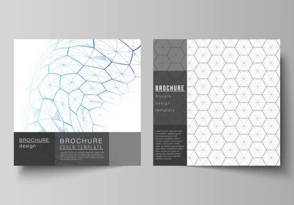 Vector lay-out van twee vierkante formaat omslagen ontwerp sjablonen voor brochure, flyer. Digitale technologie en big data concept met zeshoeken, verbinden van punten en lijnen, polygonale wetenschap medische achtergrond. — Stockvector