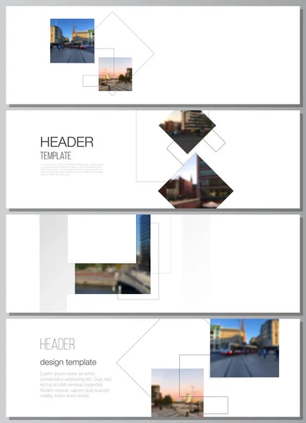 Διανυσματική διάταξη κεφαλίδων, πρότυπα σχεδιασμού banner με γεωμετρικά απλά σχήματα, γραμμές και θέση φωτογραφιών για το σχεδιασμό υποσέλιδου ιστοσελίδας, οριζόντια φυλλάδιο, header backgrounds ιστοχώρου. — Διανυσματικό Αρχείο