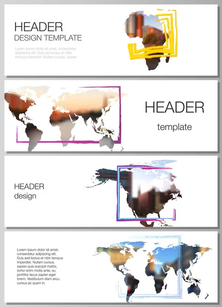 Diseño vectorial de encabezados, plantillas de banner para diseño de pie de página web, diseño de volante horizontal, encabezado del sitio web. Plantilla de diseño en forma de mapas del mundo y marcos de colores, inserte su foto. — Archivo Imágenes Vectoriales