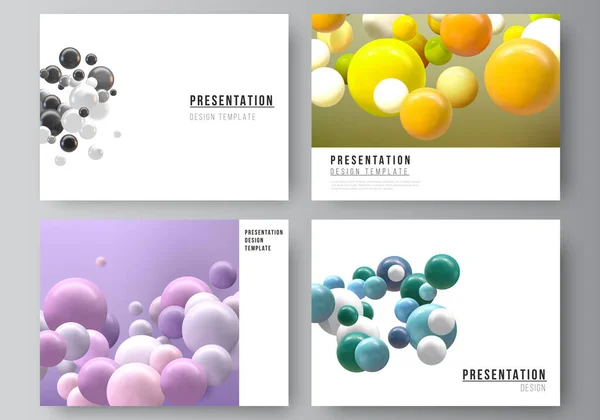 Présentation vectorielle des modèles de conception de diapositives de présentation, modèle polyvalent pour la brochure de présentation, rapport d'entreprise. Fond futuriste abstrait avec sphères 3D colorées, bulles brillantes, boules. — Image vectorielle