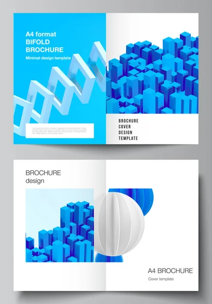 Vektor-Layout von zwei DIN-A4-Cover-Attrappen für zweiseitige Broschüren, Flyer, Magazine, Coverdesign, Buchgestaltung. 3D-Rendervektorkomposition mit dynamisch realistischen geometrischen blauen Formen in Bewegung. Vektorgrafiken