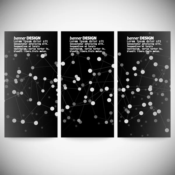 Conjunto de banners verticales. Estructura molecular, fondo gris para la comunicación, ilustración vectorial — Vector de stock