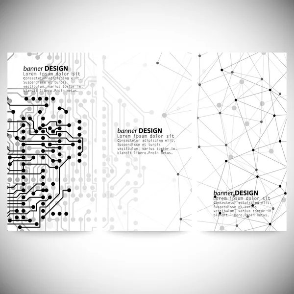 垂直バナーのセットです。通信、ベクトル図の分子構造、灰色の背景 — ストックベクタ