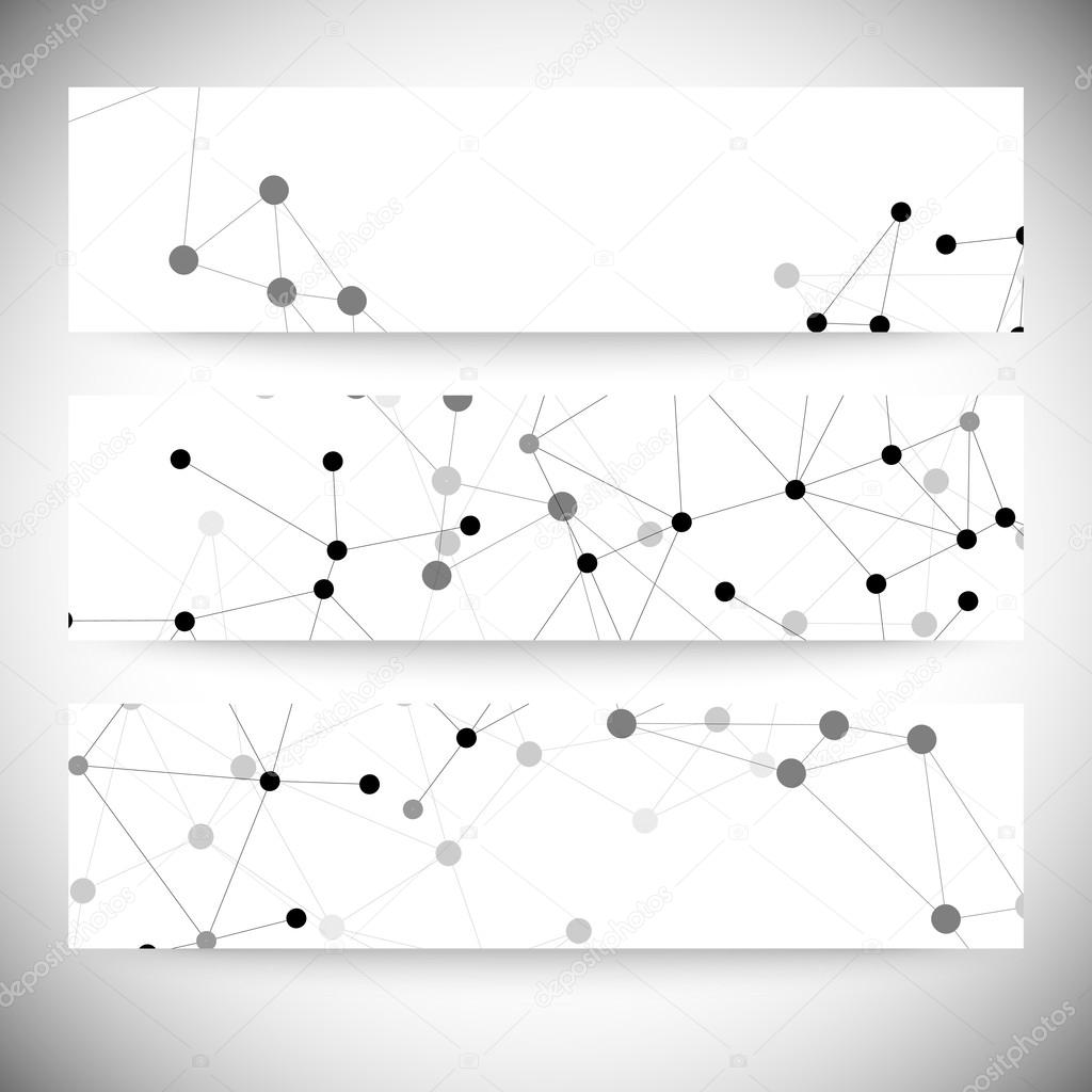 Set of horizontal banners. Molecule structure, gray background for communication, vector illustration