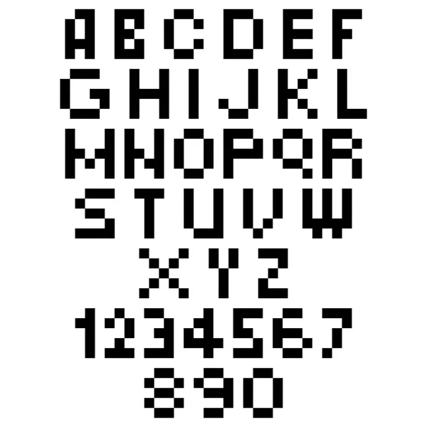Fuente de píxeles - Alfabetos y caracteres numéricos en fuente de píxeles cuadrados retro — Vector de stock