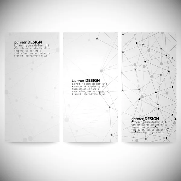 Conjunto de banners verticales. Estructura molecular, fondo gris para la comunicación, ilustración vectorial — Vector de stock