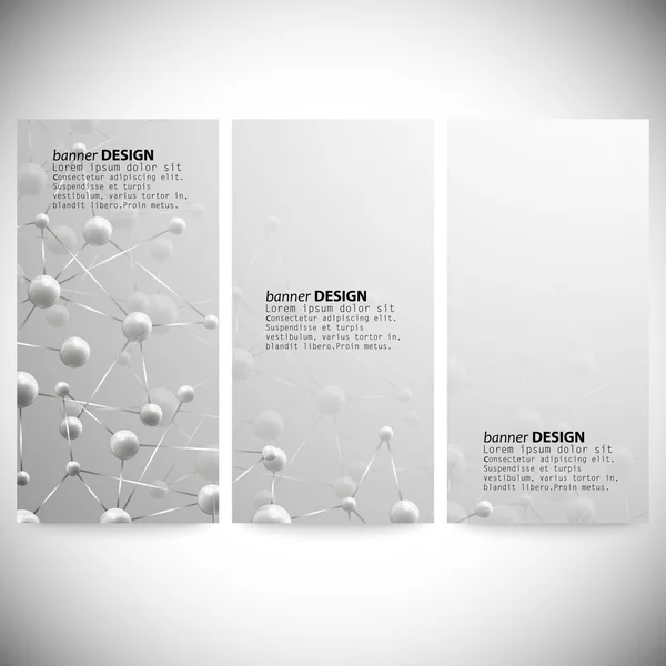 Conjunto de banners verticales. Estructura molecular, fondo gris para la comunicación, ilustración vectorial — Vector de stock