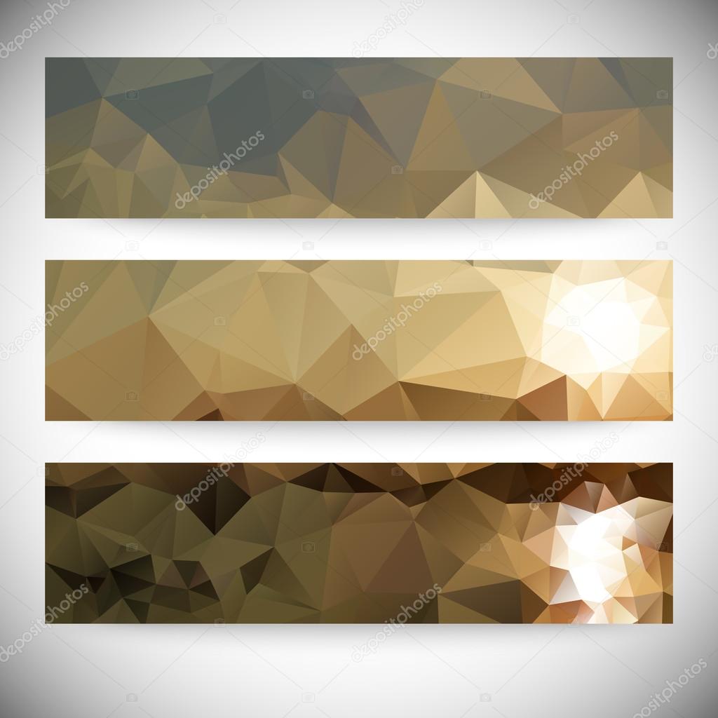 Set of horizontal banners. Mountains and sea landscape, triangle design vector illustration