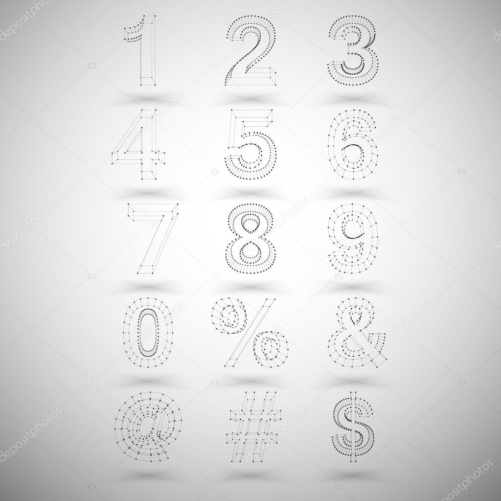 Three dimensional mesh stylish numbers and other symbols on white background, single color clear vector