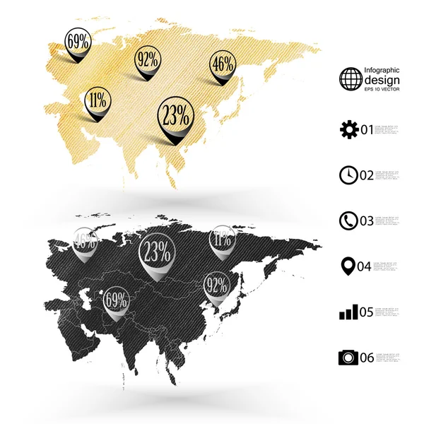 Eurasie mapa, dřevěné konstrukce textury, infografika vektorové ilustrace — Stockový vektor