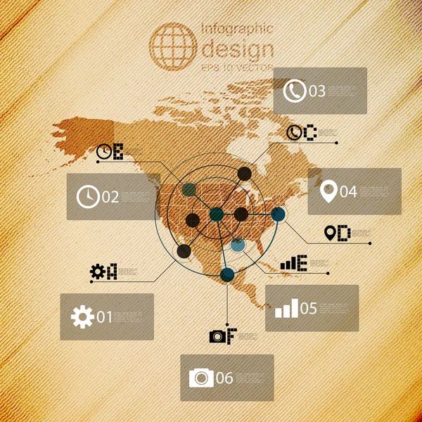 แผนที่อเมริกาเหนือ, ภาพวาดการออกแบบ infographic, เวกเตอร์พื้นหลังไม้ — ภาพเวกเตอร์สต็อก