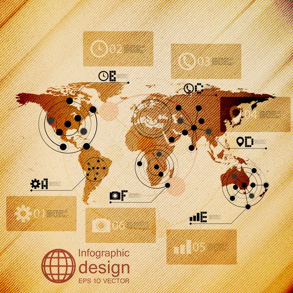 Mapa do mundo, ilustração de design infográfico, vetor de fundo de madeira — Vetor de Stock