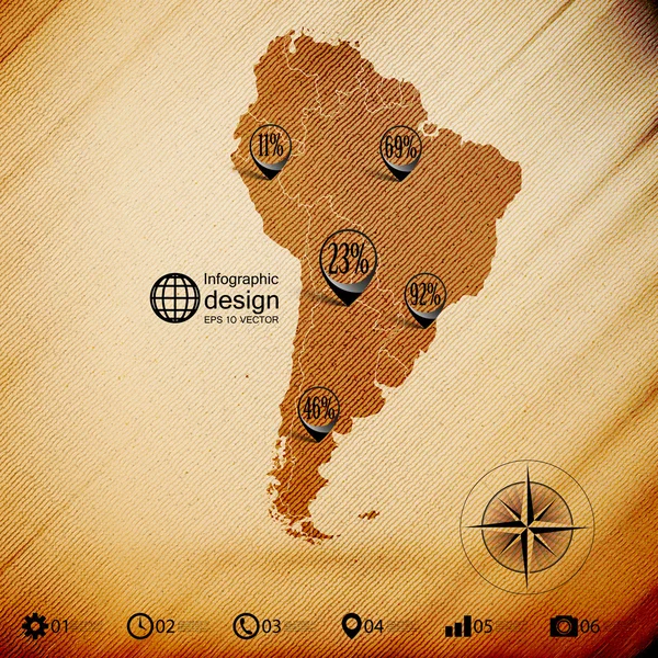 South America map, wooden design background, infographics vector illustration — Stock Vector