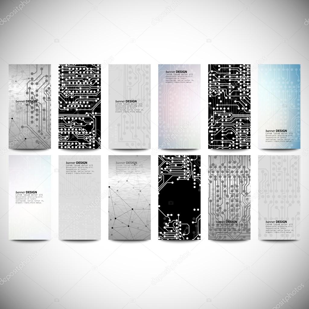 Big banners set, science backgrounds, microchip and electronics circuit backgrounds. Conceptual vector design templates.
