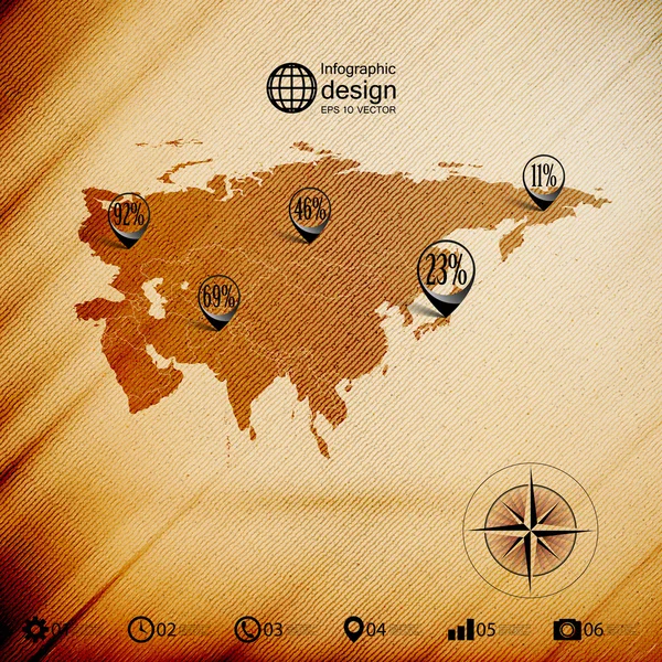 Eurasia map, wooden design background, infographics vector illustration — Stock Vector