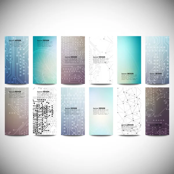 Big banners set, science backgrounds, microchip and electronics circuit backgrounds. Conceptual vector design templates. — Stock Vector