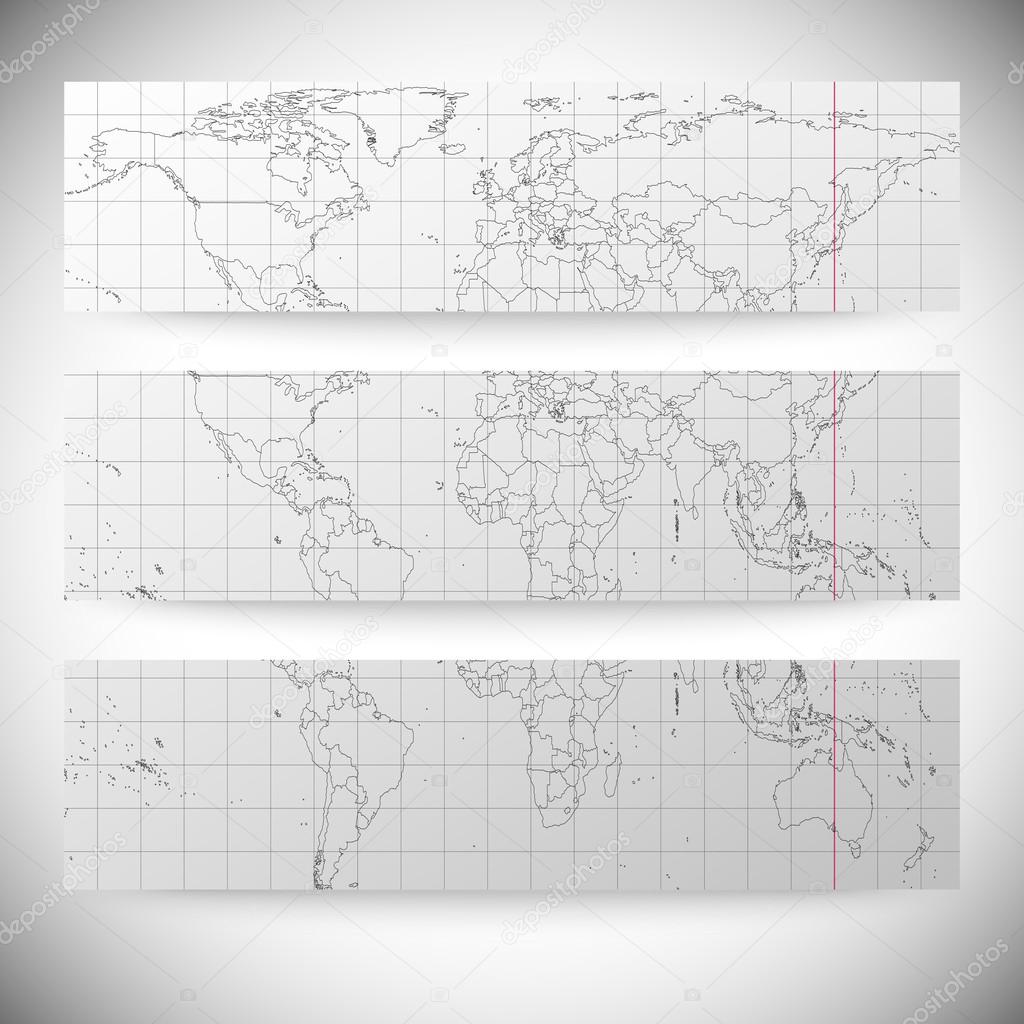 Set of horizontal banners. Gray Political World Map Vector