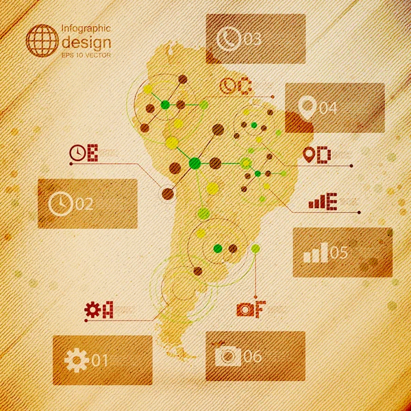 Mappa del Sud America, disegno infografico illustrazione, vettore di fondo in legno — Vettoriale Stock