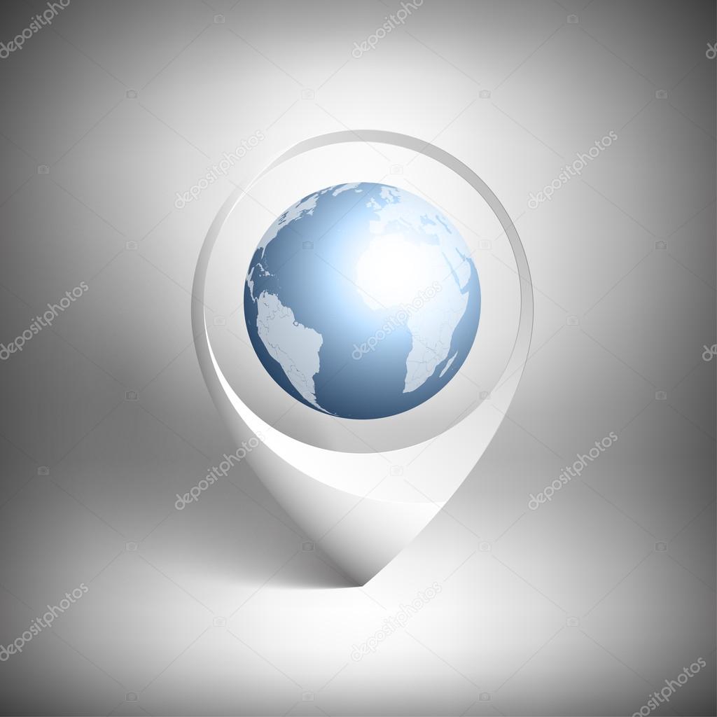Map pointer with globe of world. White icon template vector