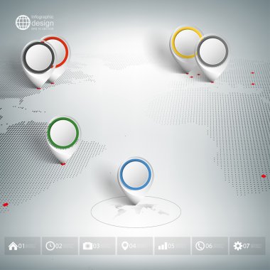İşaretçi izleri ile dünya haritası. Infographic iş tasarım ve Web sitesi şablonu