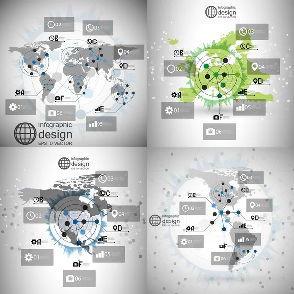 Set mappe del mondo, modelli infografici per il business design, illustrazione vettoriale del design scientifico — Vettoriale Stock