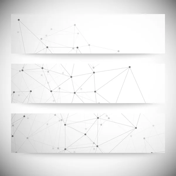 Uppsättning av horisontella banners. molekyl struktur, grå bakgrund för kommunikation, vektor illustration — Stock vektor