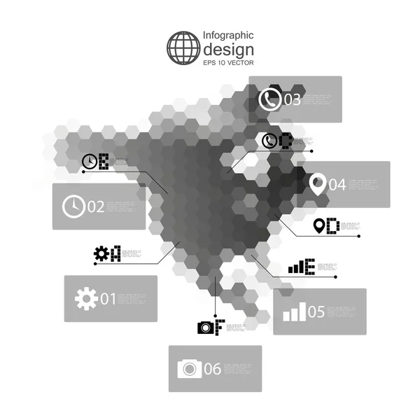 북아메리카 지도, 비즈니스 디자인, 6 각형 디자인 벡터 일러스트 레이 션 infographic 서식 파일 — 스톡 벡터