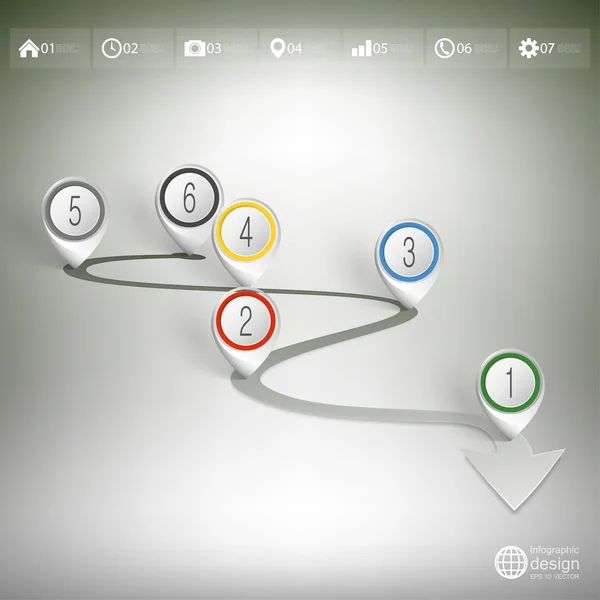 Linha do tempo com marcas de ponteiro. Infográfico para design de negócios e modelo de site — Vetor de Stock