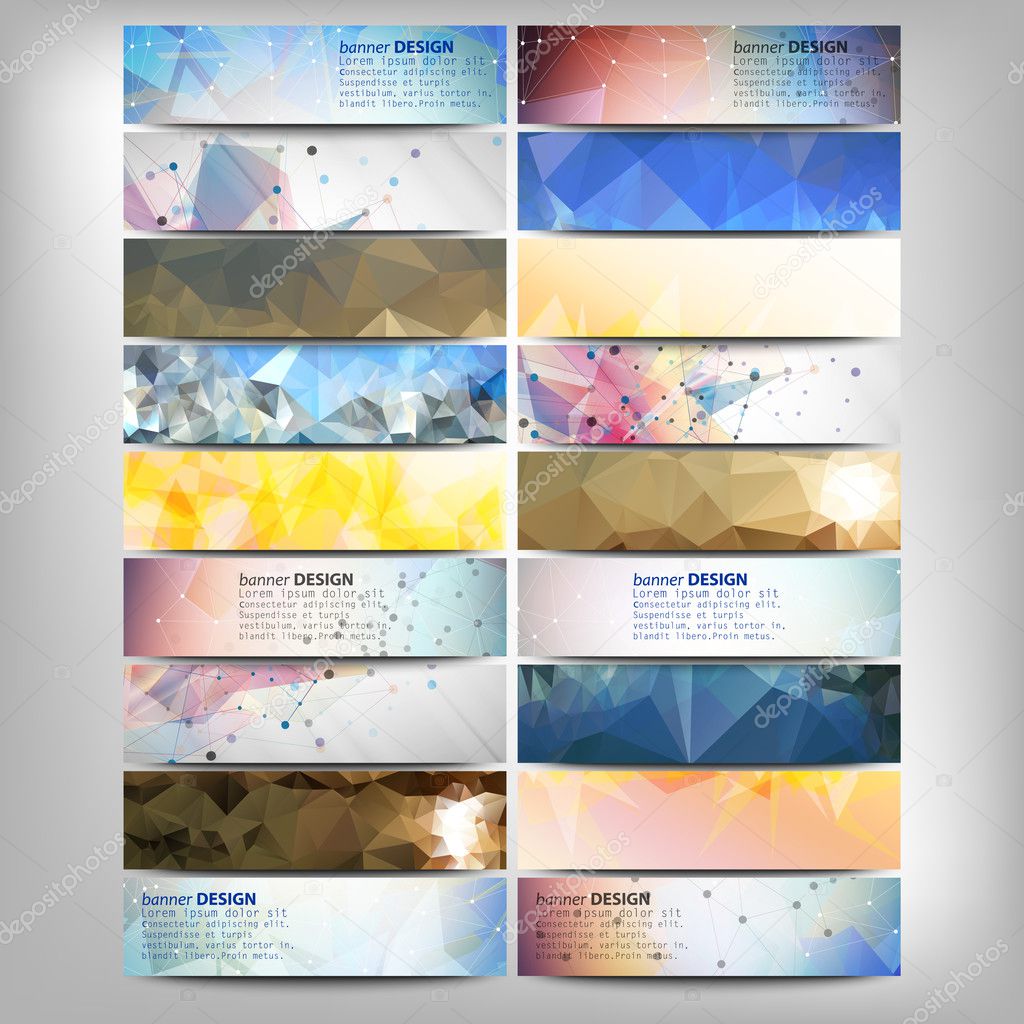 Big colored abstract banners set. Conceptual triangle design vector templates.