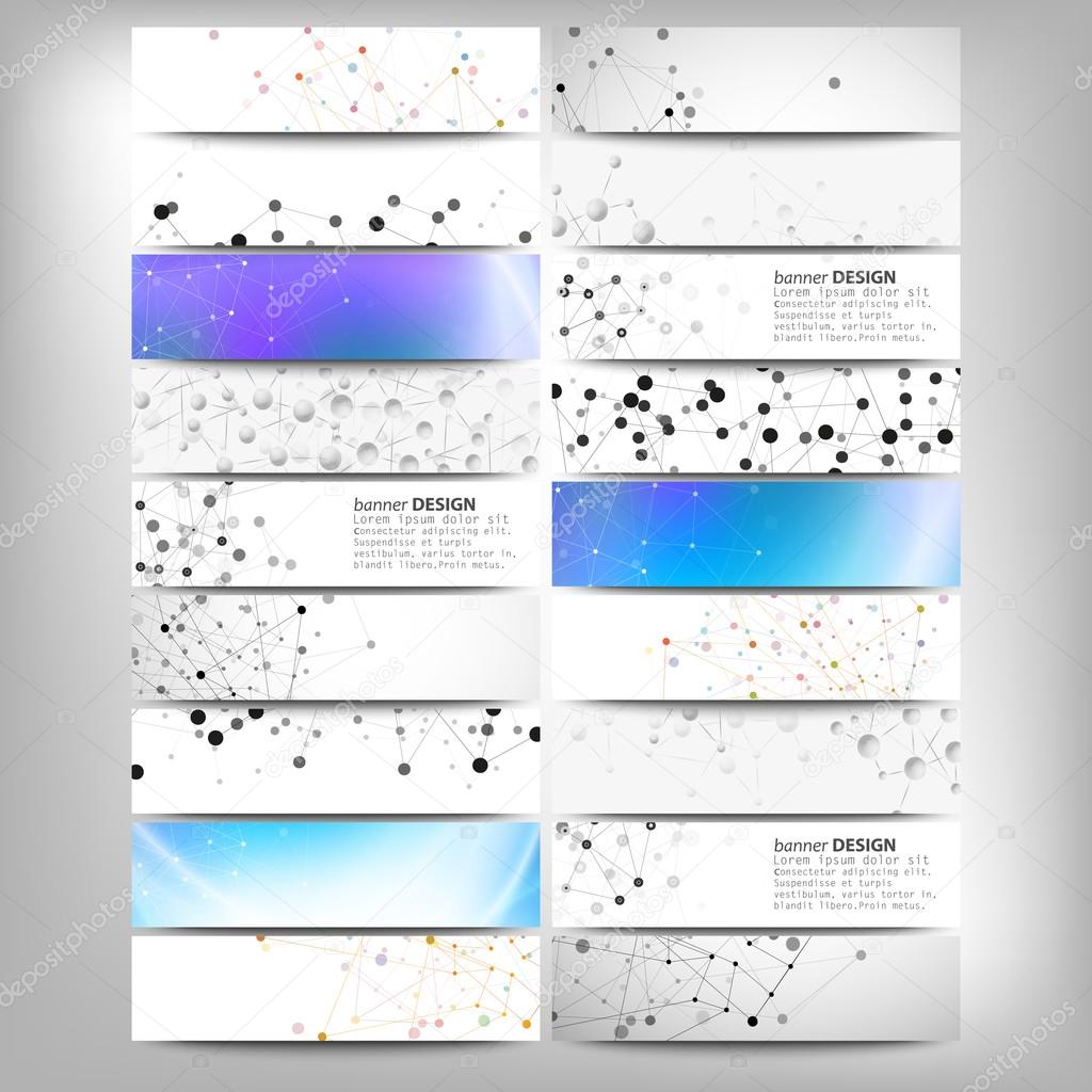 Big banners set, science backgrounds, molecule and communication backgrounds. Conceptual vector design templates.