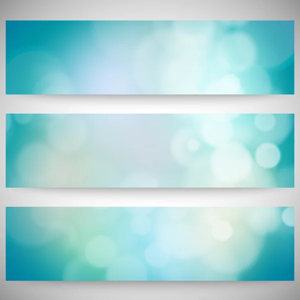 Blurry backgrounds set with bokeh effect. Abstract banners set, template vector — Stock Vector