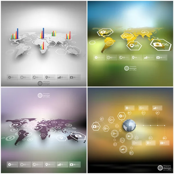 Set of world maps in perspective, blurred infographic vector templates for business design — Stock Vector