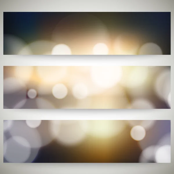 Blurry backgrounds set with bokeh effect. Abstract banners set, template vector — Stock Vector